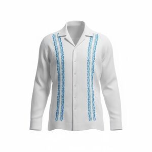 ModelCloth Men's Guayabera White Shirt with Blue Embroidery 100% Linen